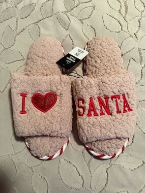 I ♥ SANTA Pink Fuzzy Slide Slippers